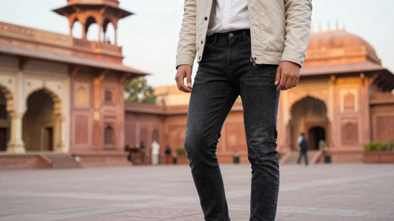 Tourist wearing stylish jeans comfortably in a historic Indian city at dusk.