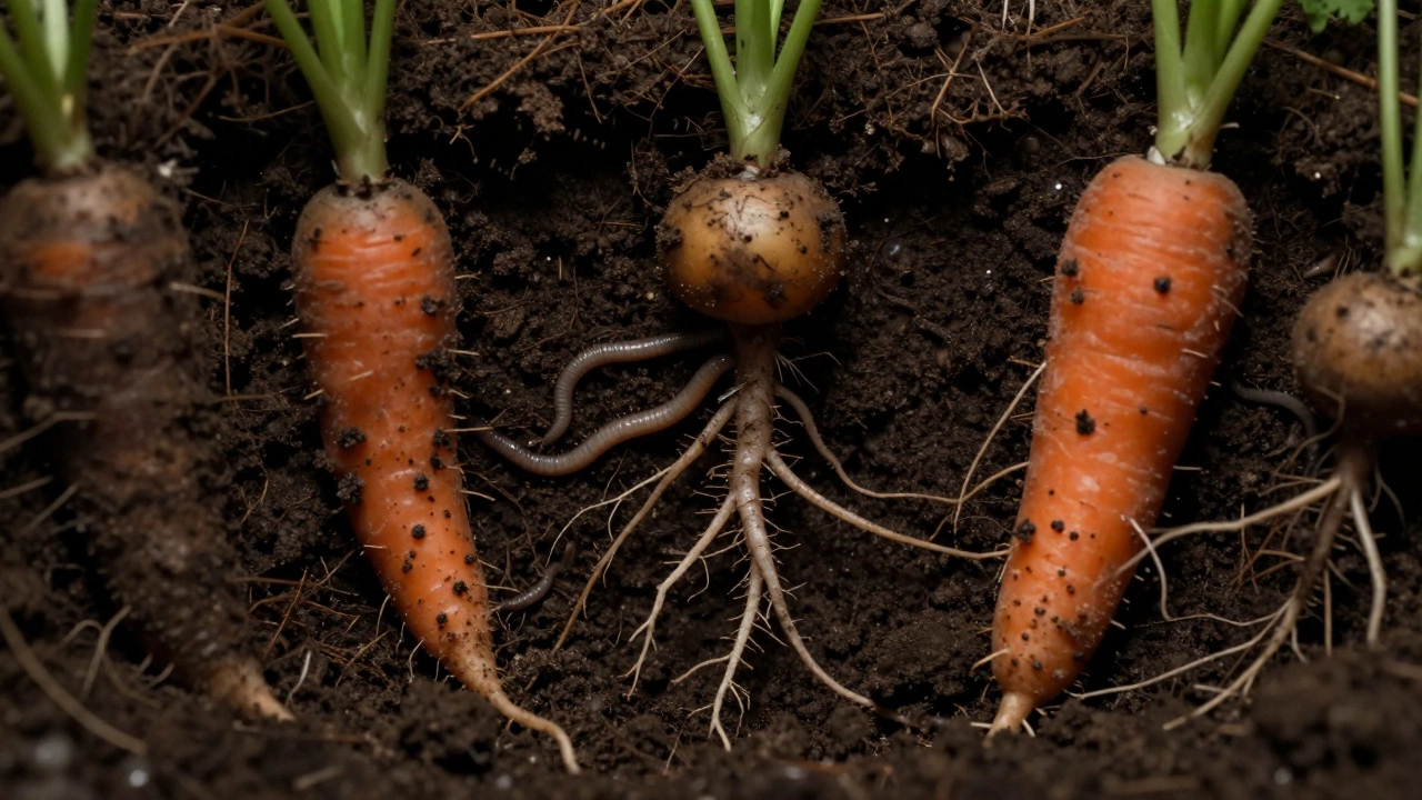 Underground view of roots and insects in soil