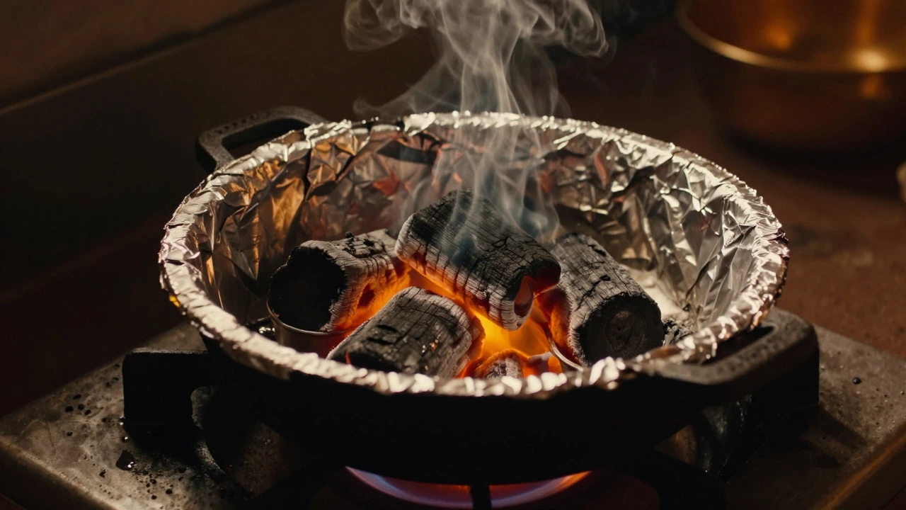 Charcoal smoking technique under foil for authentic tandoori flavor