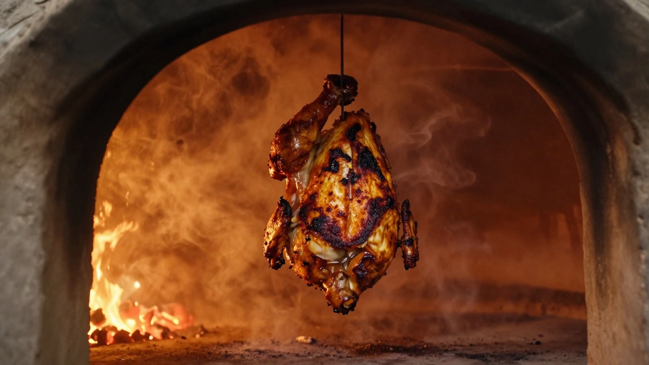 Chicken roasting in a hot clay tandoor oven