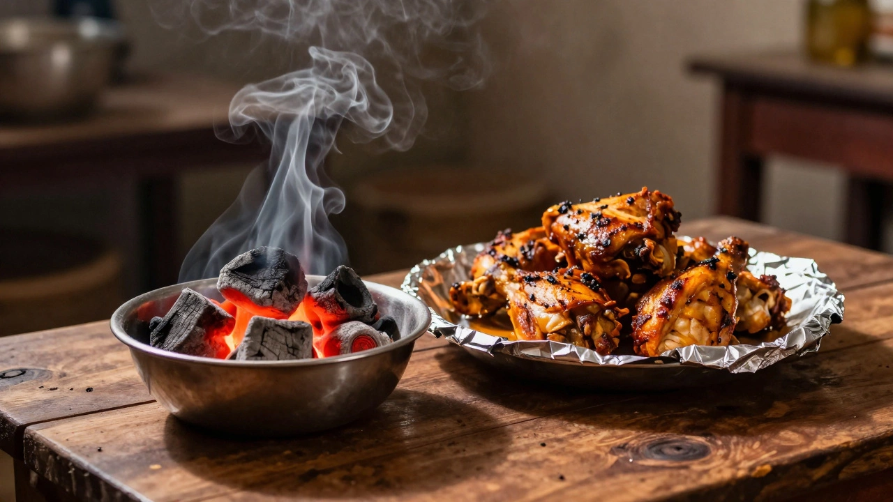 Cooked chicken being smoked with charcoal indoors