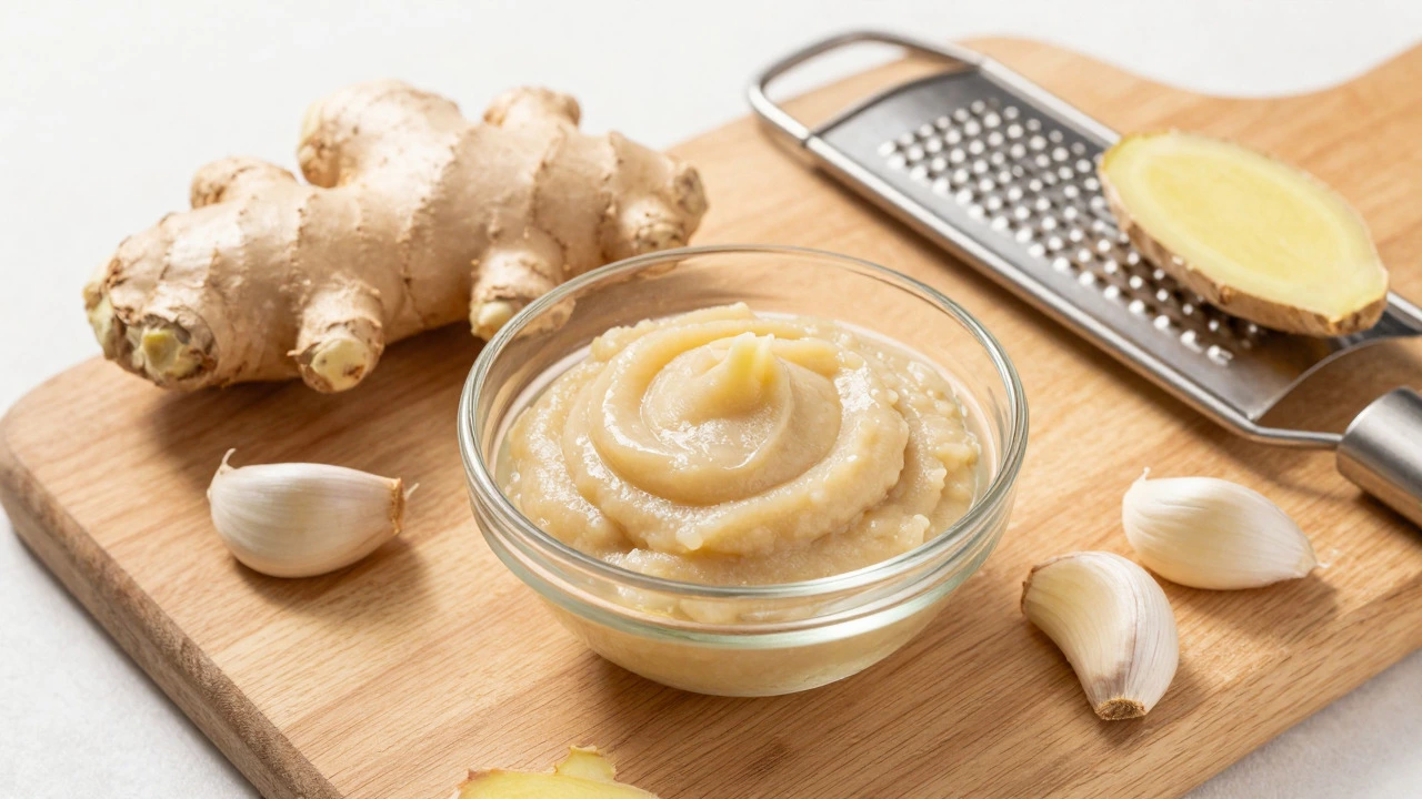 Fresh ginger, garlic, and paste on wood