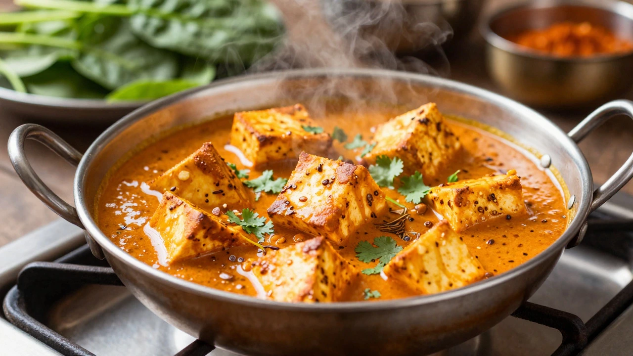 Golden paneer cubes cooking in spicy Indian curry sauce in a pan