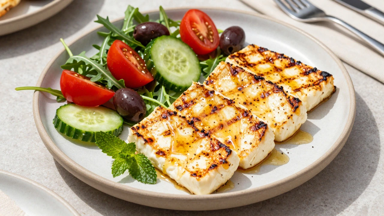 Grilled halloumi slices served with fresh Mediterranean salad ingredients