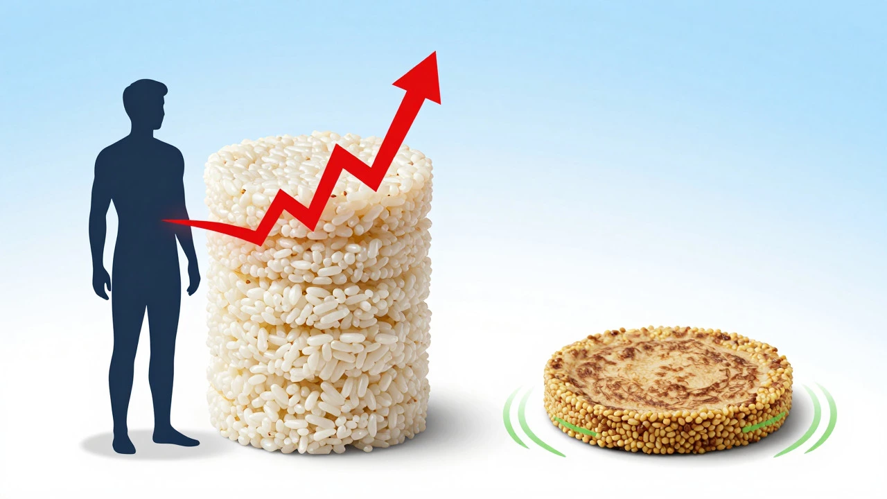 Illustration comparing high glycemic white rice dosa to healthy millet dosa