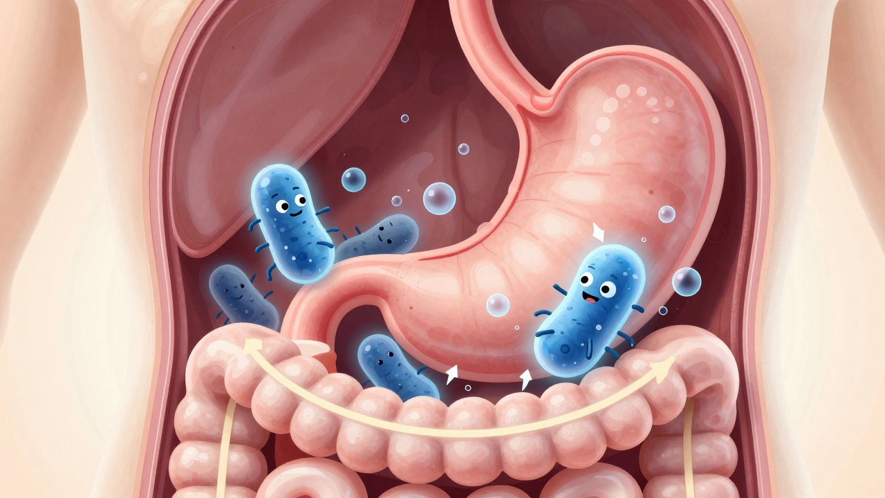 Illustration of gut bacteria fermenting lentil carbohydrates, showing gas production in the digestive tract.