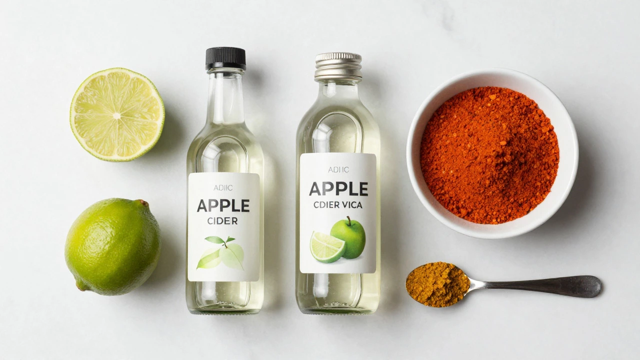 Lime, vinegar, and mango powder arranged next to tandoori spice mix