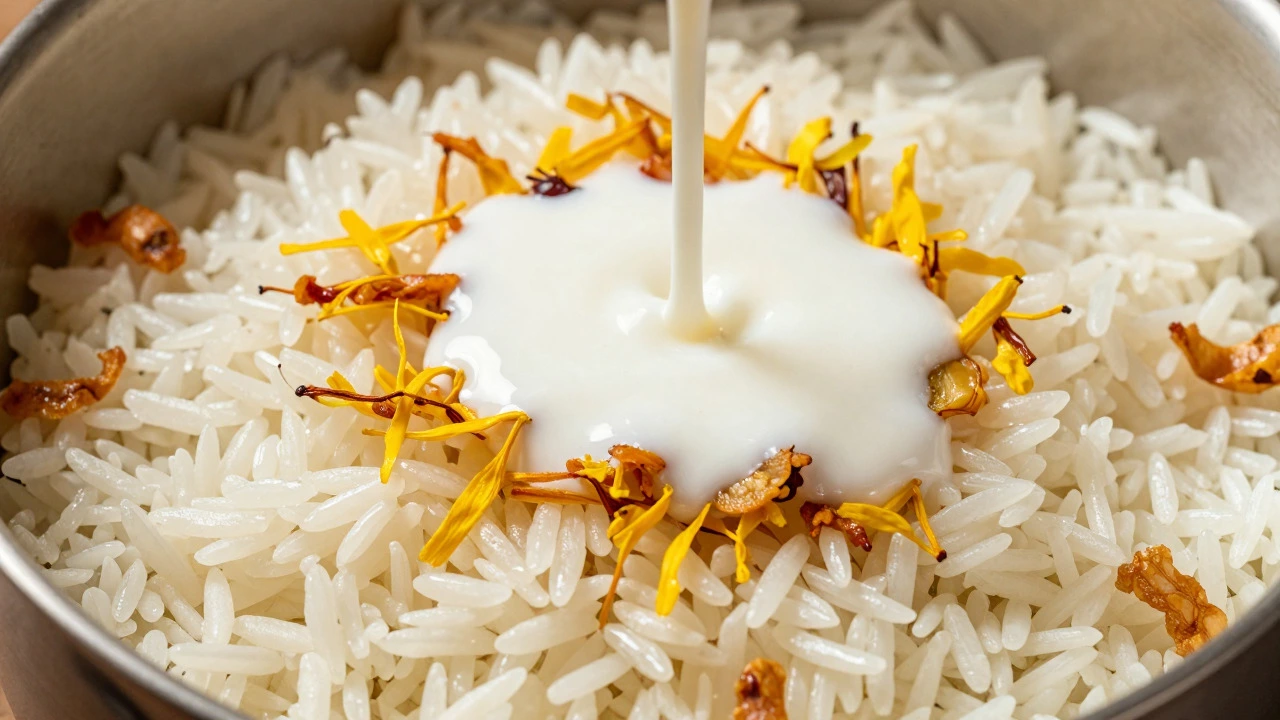 Milk drizzled over saffron-infused basmati rice layers