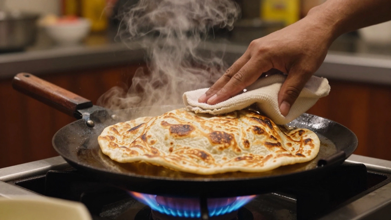 Roti puffing up on a hot tawa over an open flame