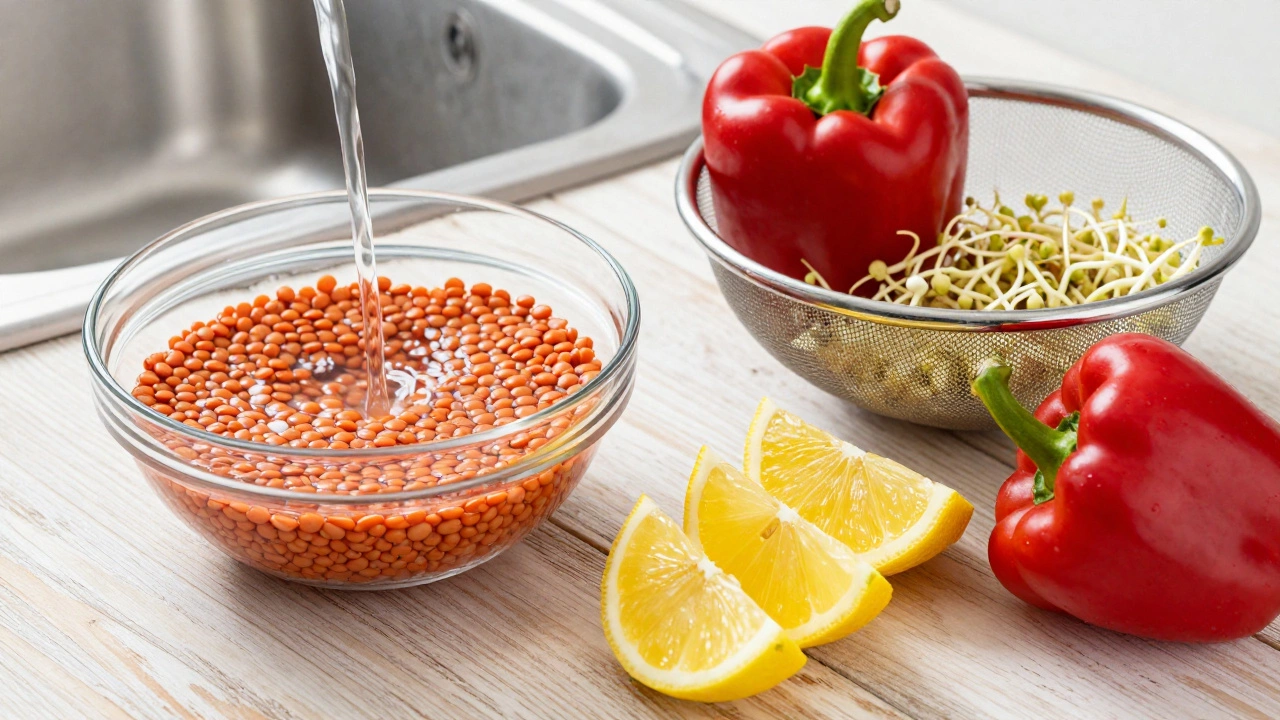 Soaked lentils, lemons, and sprouts on a wooden table, representing safe and digestible meal prep.