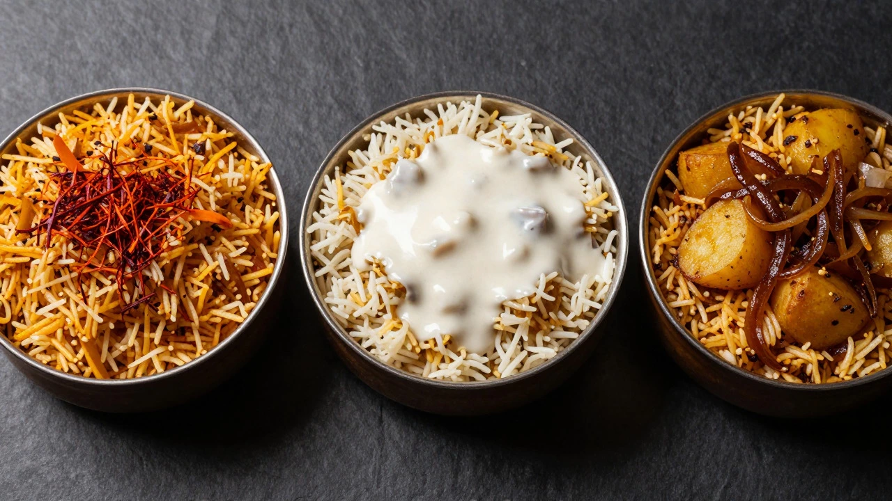 Three regional biryani styles displayed side by side