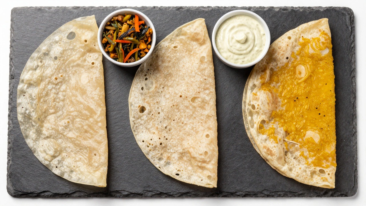 Three rotis of varying thicknesses paired with different curries
