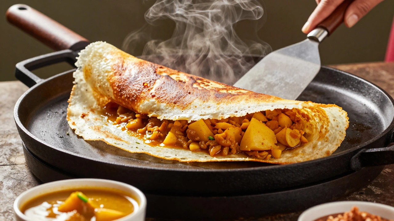 A crispy golden masala dosa being lifted from a hot griddle with steam rising