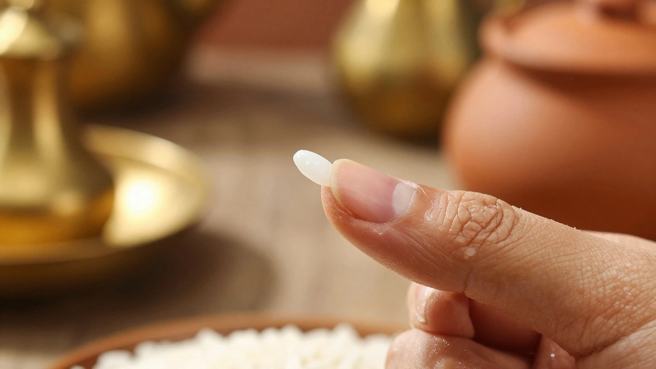 A hand pinching a single soaked rice grain to check its softness and texture