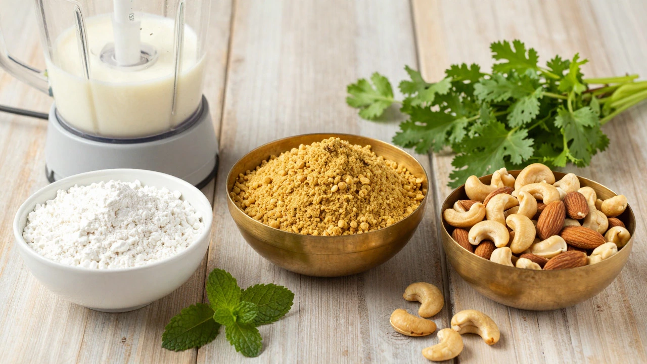 Bowls of cornstarch, besan, and cashews for thickening