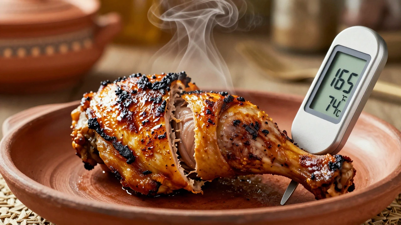 Cooked tandoori chicken with thermometer showing safe internal temperature