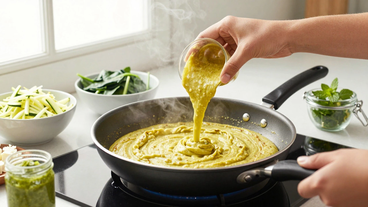 Cooking moong dal chilla with fresh vegetables and mint chutney