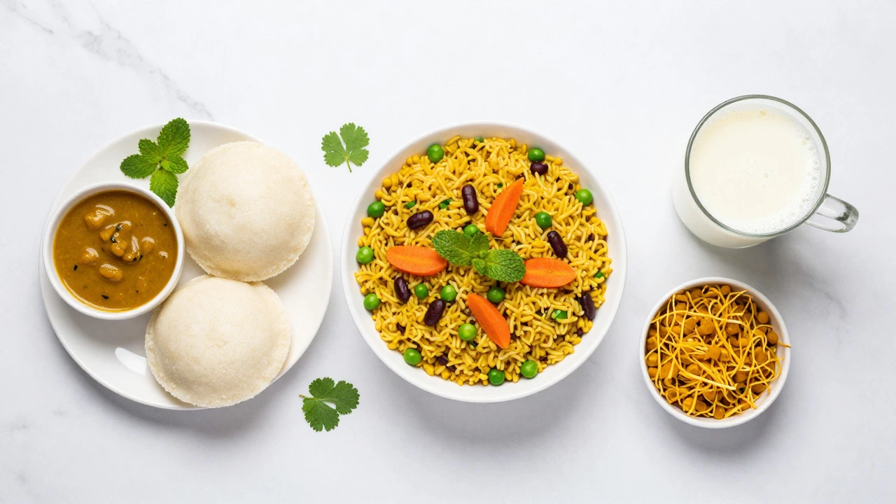 Flat lay of idli, dalia upma, and salted lassi on marble