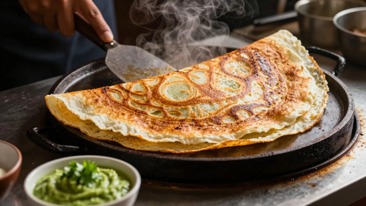 Golden crispy dosa being lifted from a hot tawa with steam rising