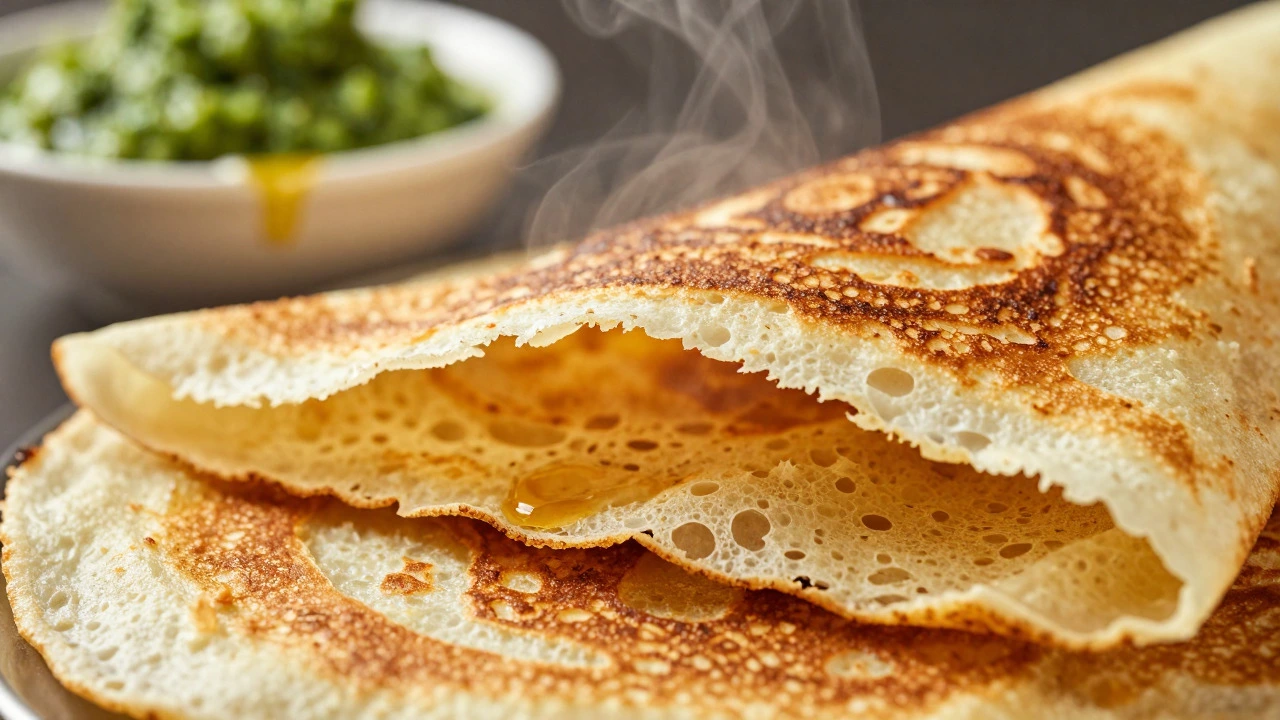 Macro shot of a crispy golden dosa showing its airy interior texture