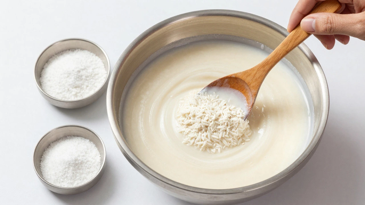 Mixing thin rice flour batter in a steel bowl for instant dosa preparation