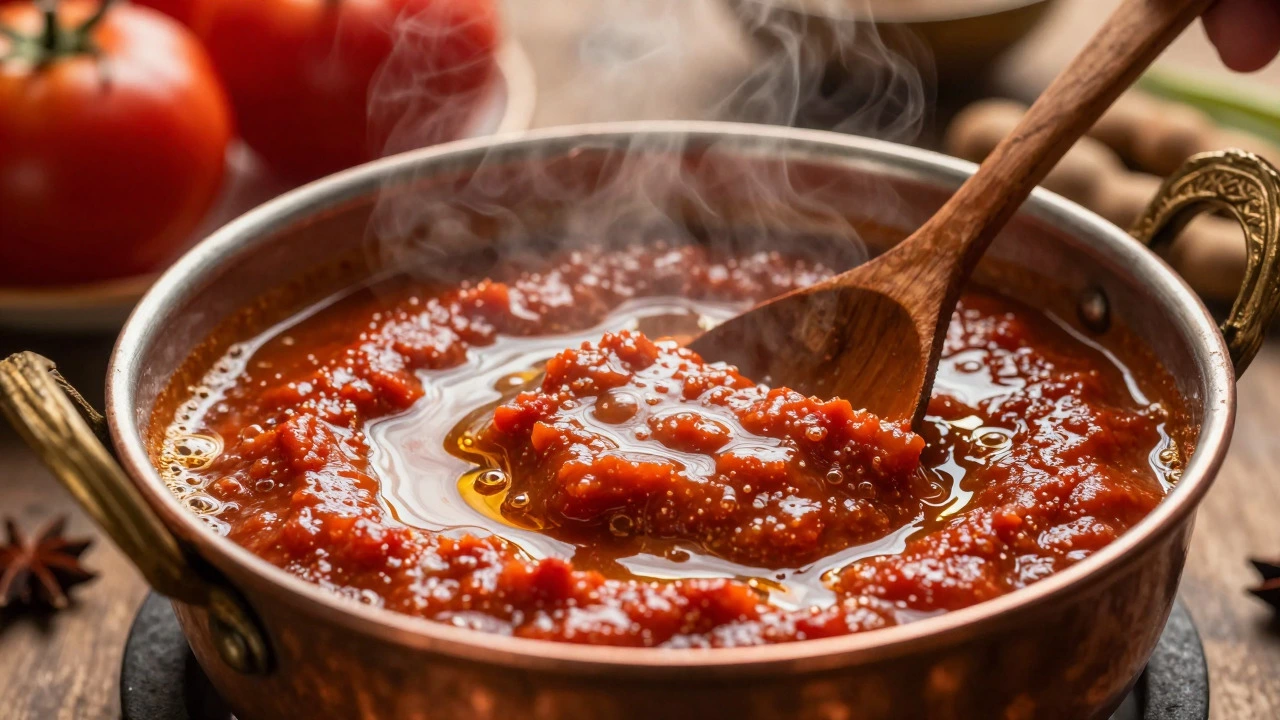 Simmering tomato chutney thickening in a pan