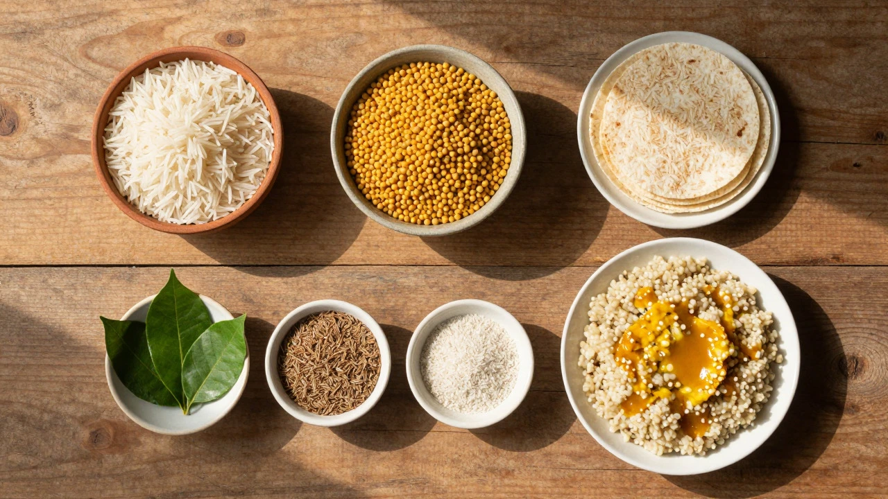Top-down view of Indian breakfast ingredients like rice, dal, and spices