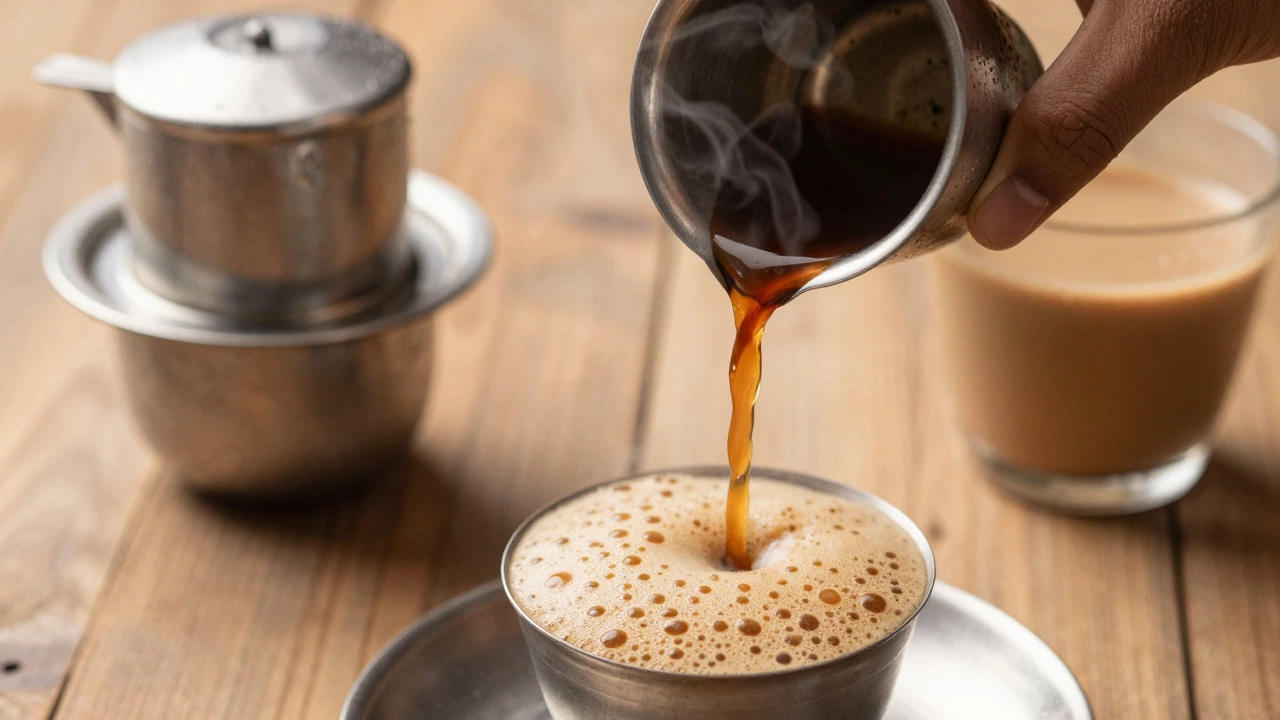 Traditional Indian filter coffee being poured between steel tumblers
