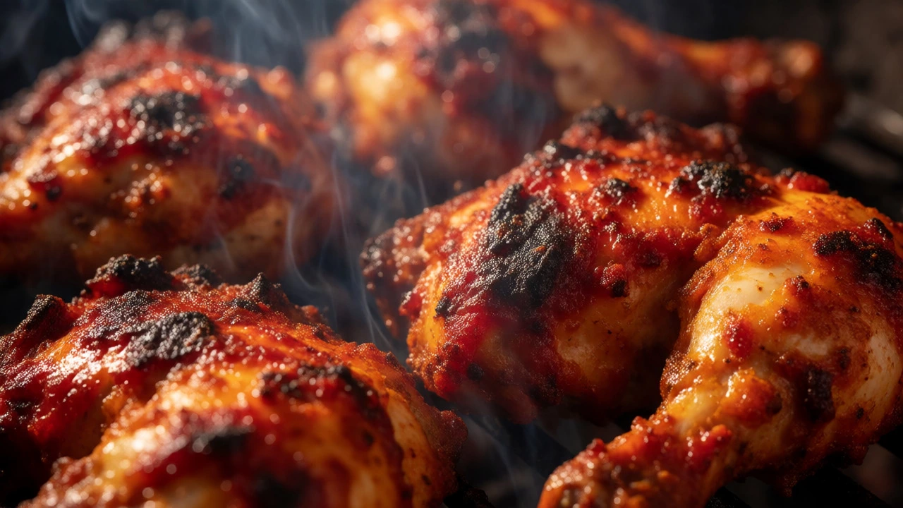 Charred tandoori chicken grilling with smoke rising