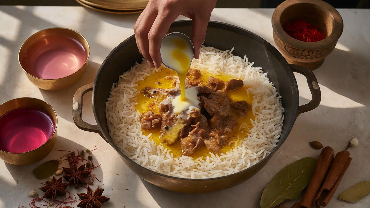 Chef drizzling saffron milk over layered basmati rice and meat