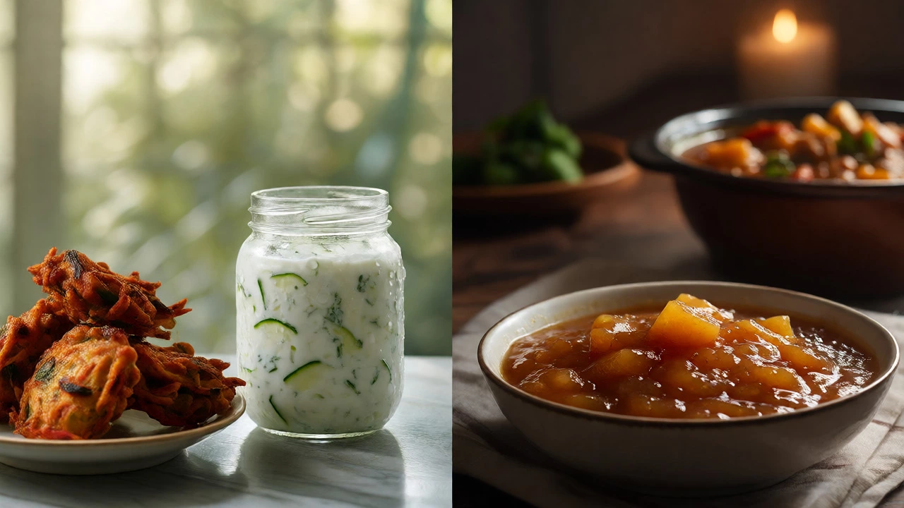 Comparison of chilled yogurt raita with fritters and warm apple chutney with stew