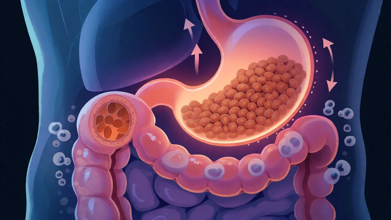 Conceptual diagram of digestion and gas formation in the gut at night