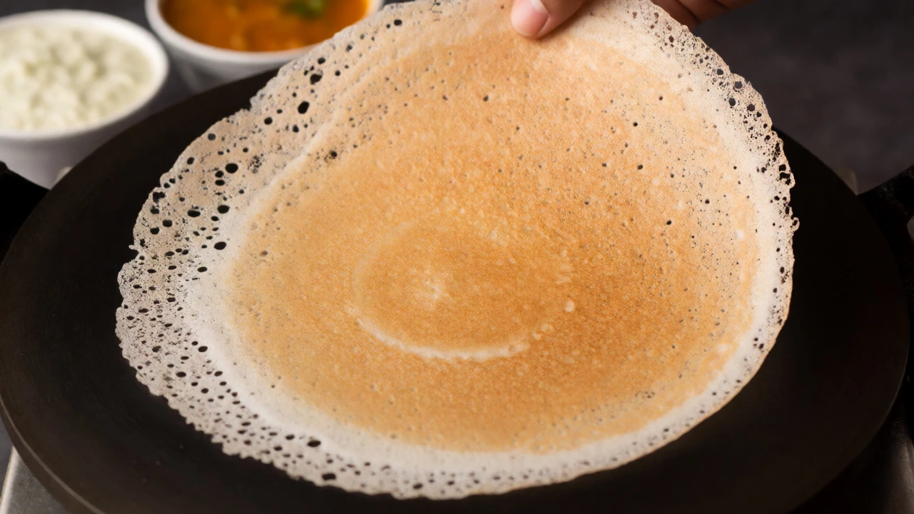 Crispy golden dosa lifted from a hot griddle