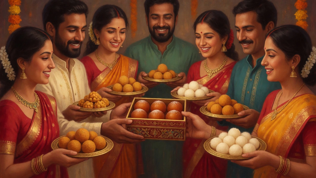 Families exchanging boxes of assorted Indian sweets like Gulab Jamun and Ladoo during Diwali.