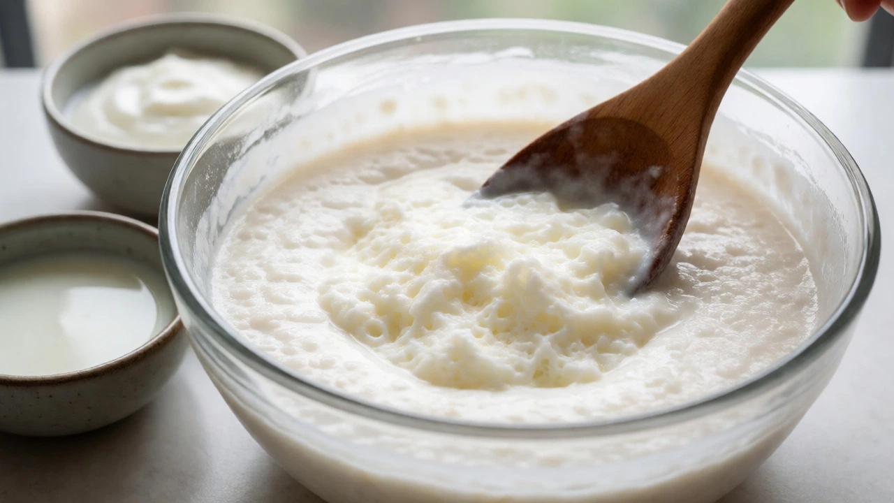 Folding egg whites into dosa batter in a glass bowl