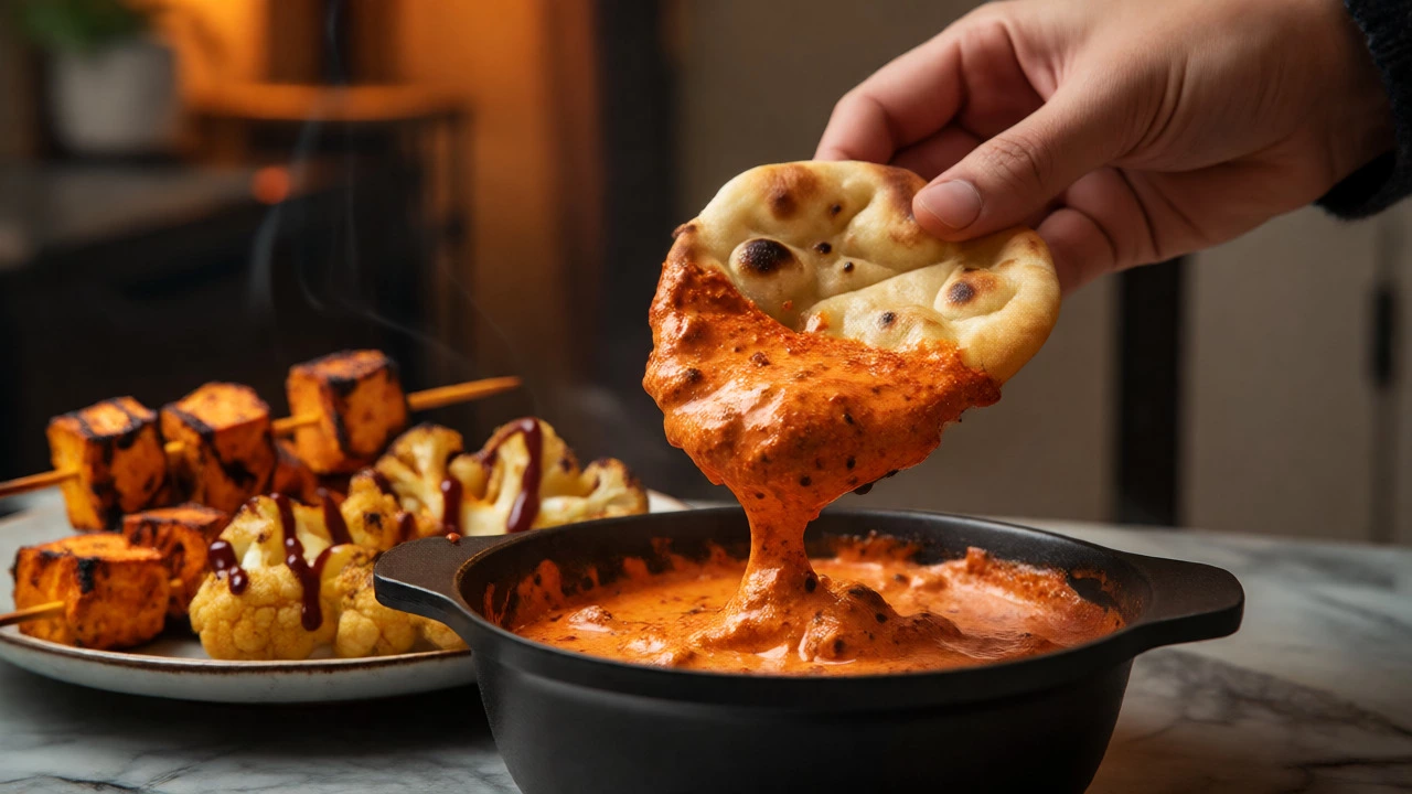 Hand dipping naan into smoky tandoori mayonnaise