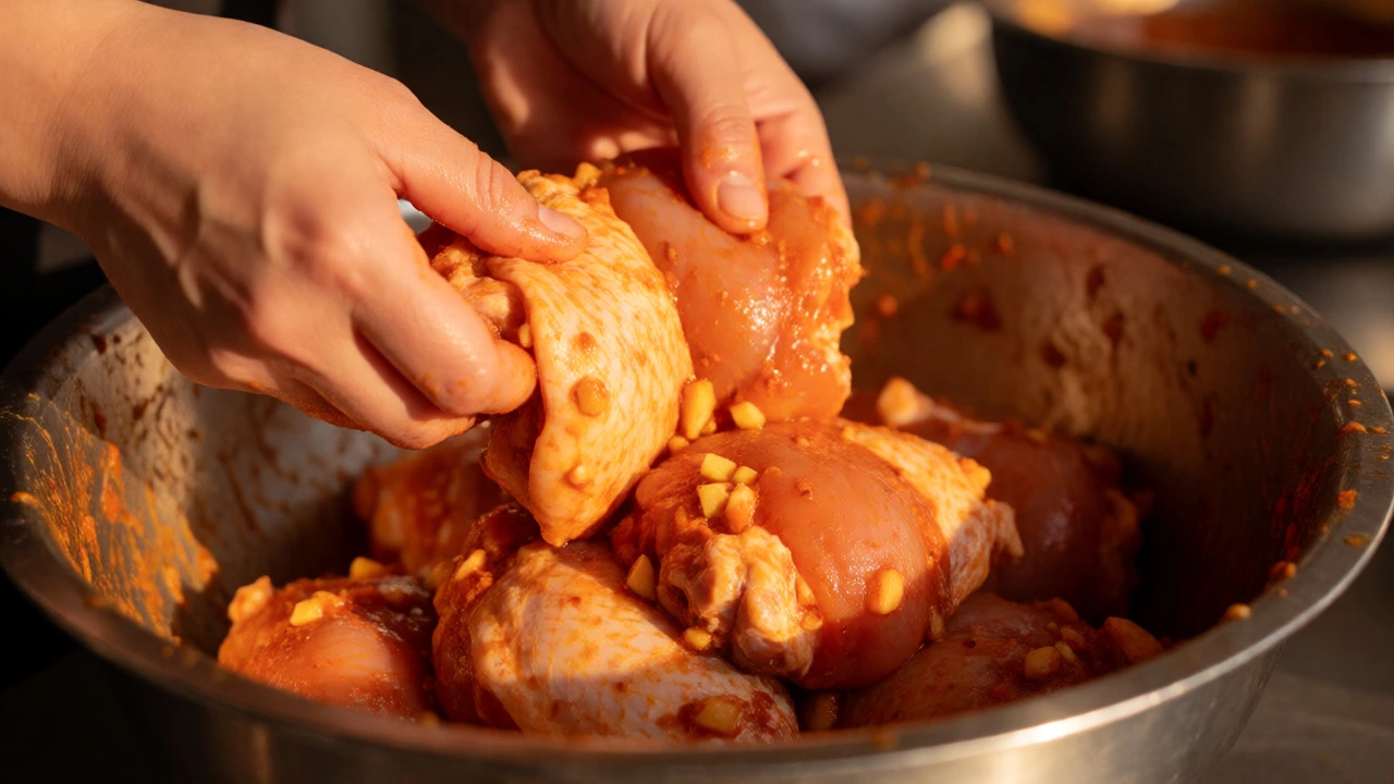 Hands massaging raw chicken with thick orange-red tandoori paste