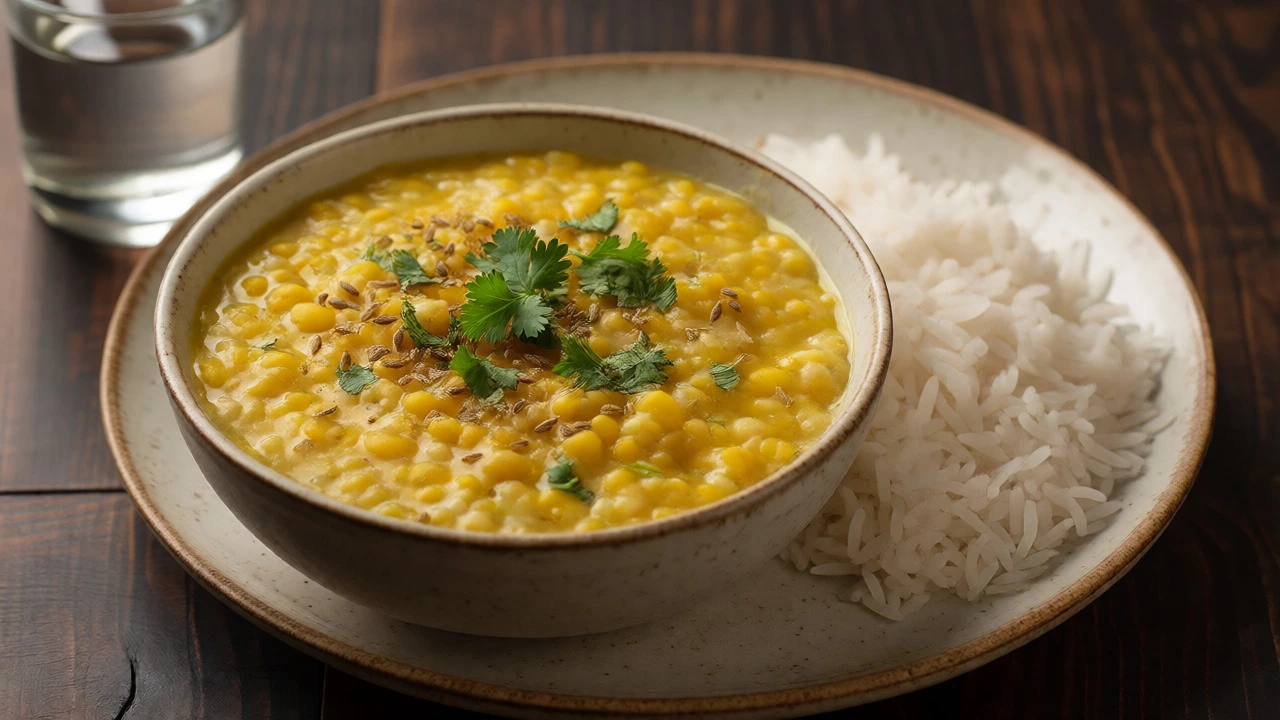 Light bowl of moong dal khichdi with rice on a wooden table