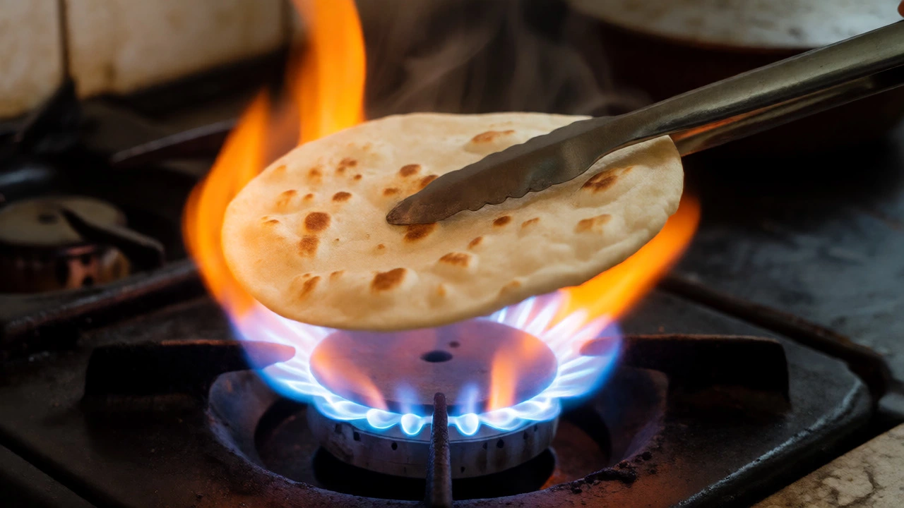 Roti puffing up into a sphere over a direct gas flame using tongs