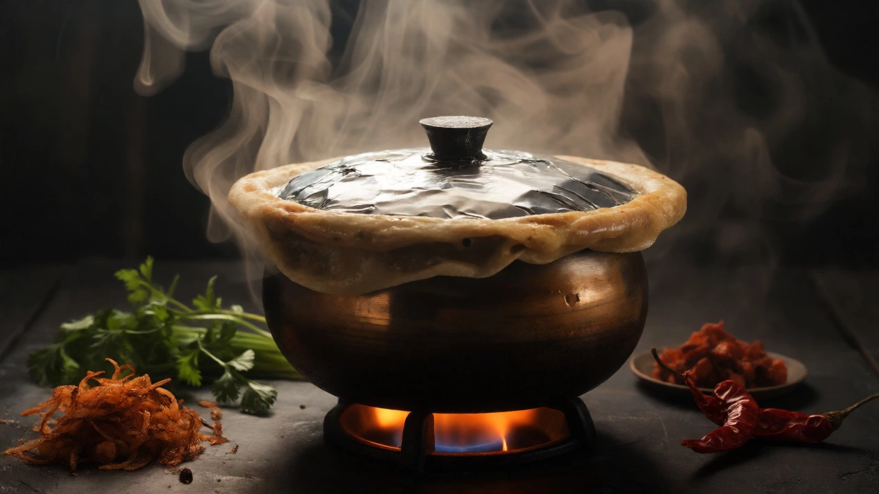 Sealed biryani pot with escaping steam during slow dum cooking