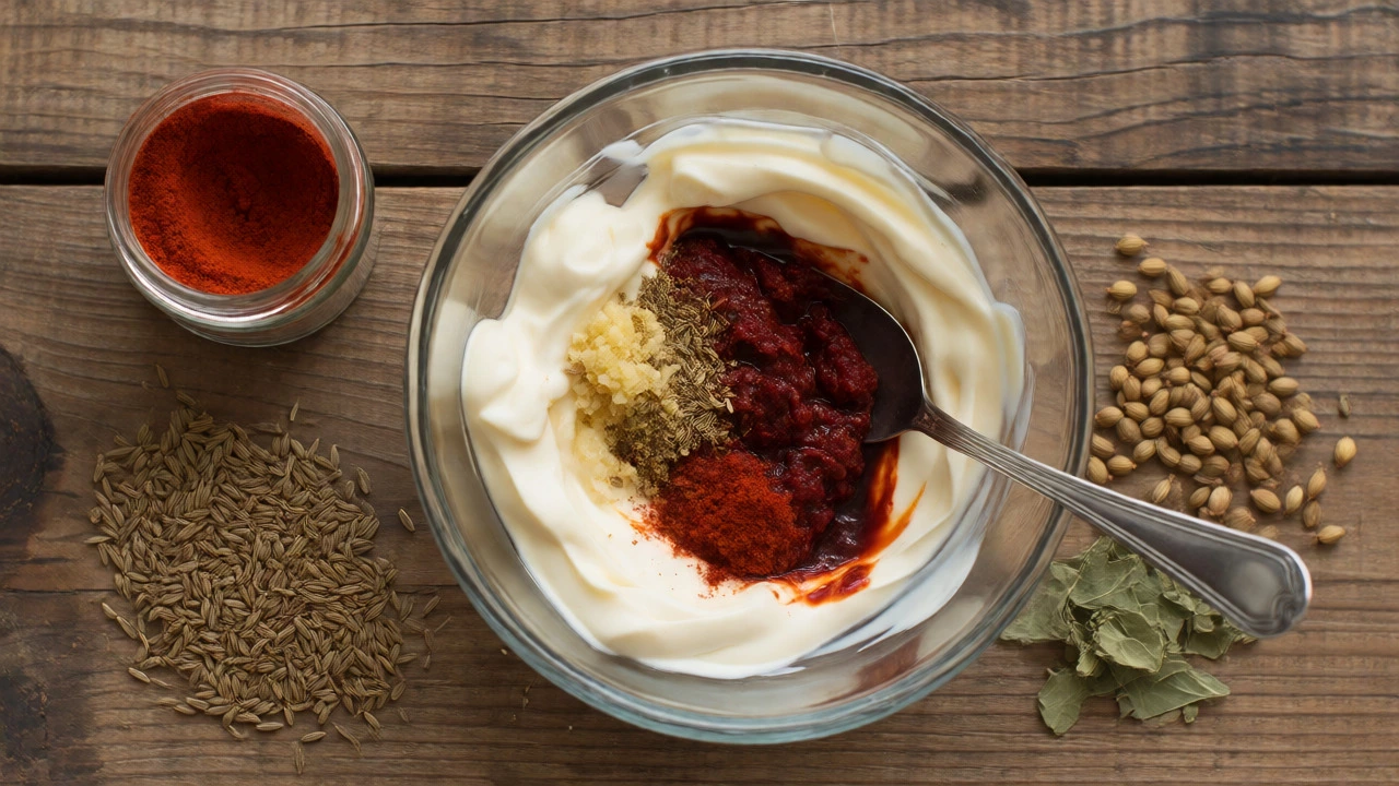 Spices and mayo mixed in a bowl on wooden table