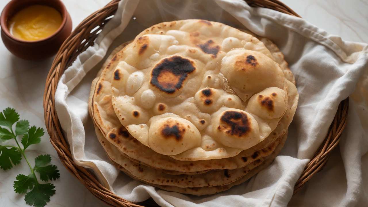 Stack of steaming, perfectly puffed rotis in a woven basket