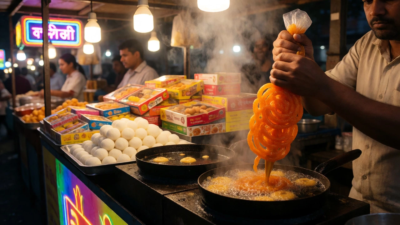 Street vendor frying Jalebi and displaying Rasgullas at a vibrant Indian night market stall.