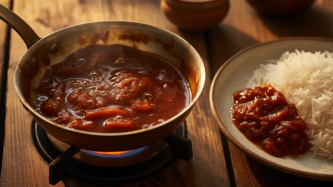 Warm tomato-onion chutney simmering in a copper pan next to basmati rice
