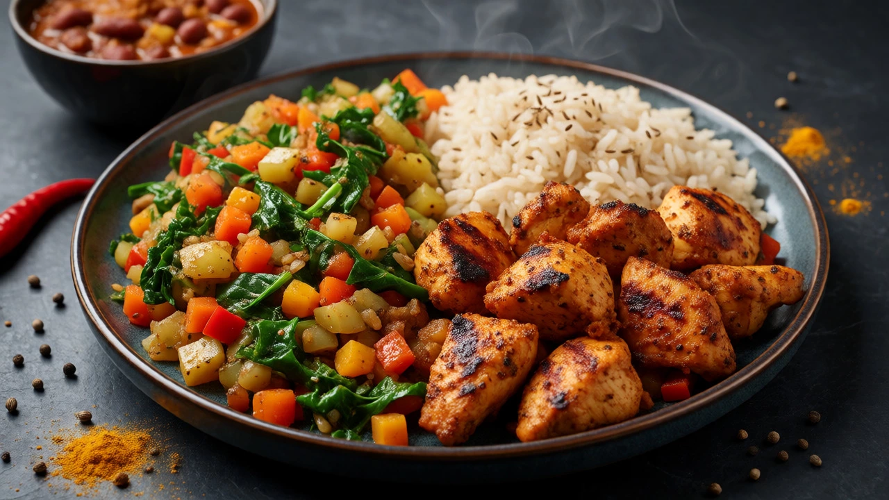 Balanced Indian lunch plate featuring grilled chicken tikka, brown rice, and fresh vegetables.
