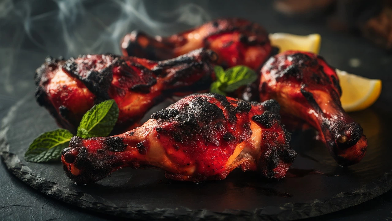Charred tandoori chicken with smoky aroma served on a dark slate plate