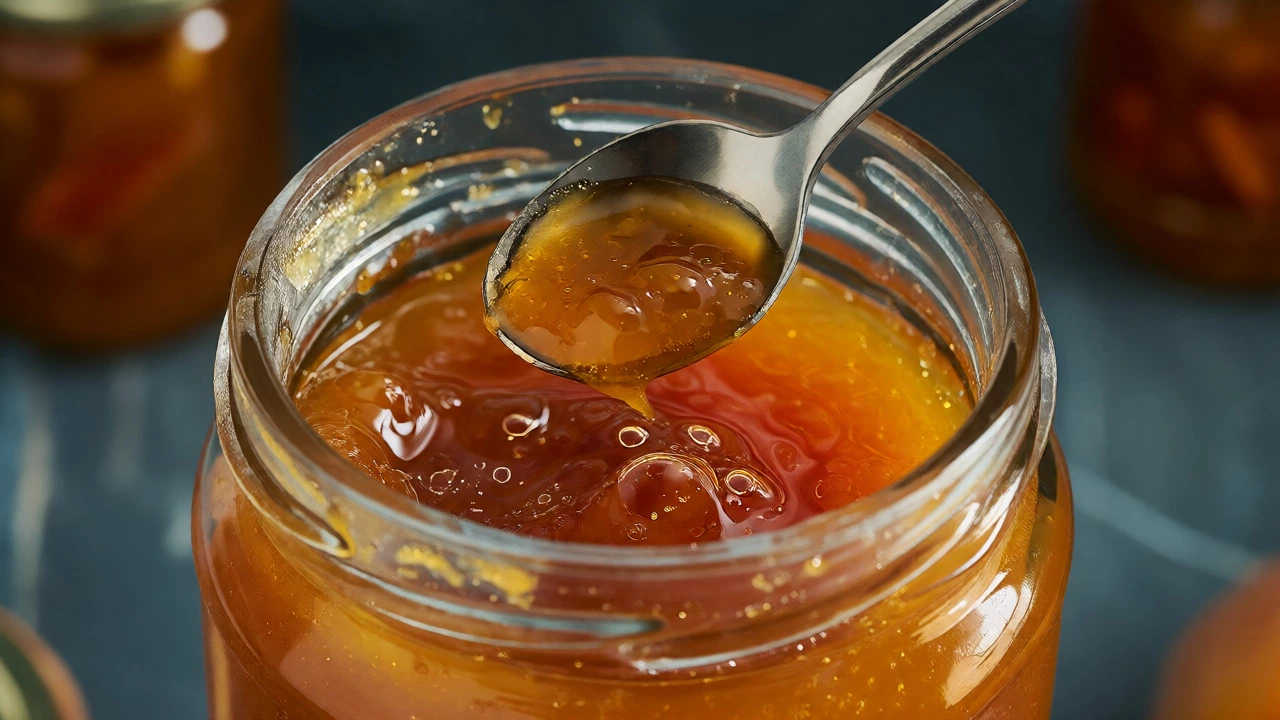 Close-up of a spoon hovering over a jar of thick, glossy mango chutney.