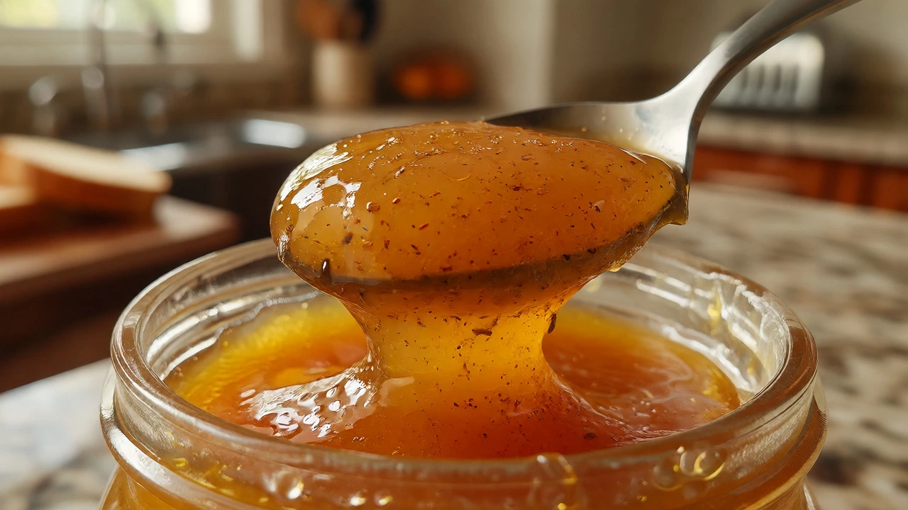 Close-up of a spoon scooping smooth, jam-like mango chutney with a sugary sheen.