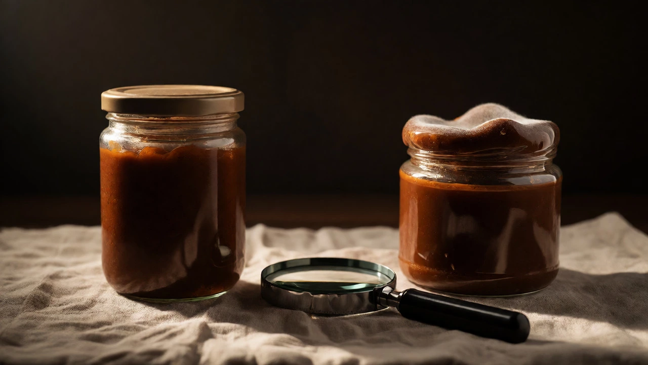 Comparison of a sealed chutney jar next to one with a bulging lid and mold.