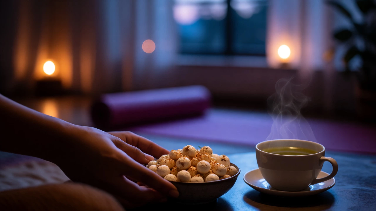 Evening snack of roasted makhana and green tea beside a yoga mat in a cozy room.